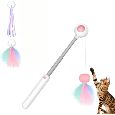 LovuPet Jouet chat interactif rose avec plumes et bâton rétractable pompons LovuPet Jouet chat interactif rose avec plumes et bâton rétractable pompons