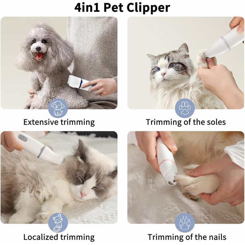 Tondeuse 4 en 1 Chien/Chat USB - Silencieuse, 4 Têtes Multifonctions (Gris)