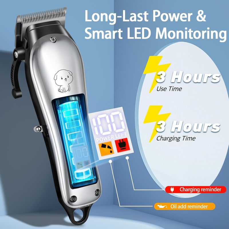 Tondeuse Pro Chien/Chat Poil Long - LCD, 4 Peignes, Lame Étanche