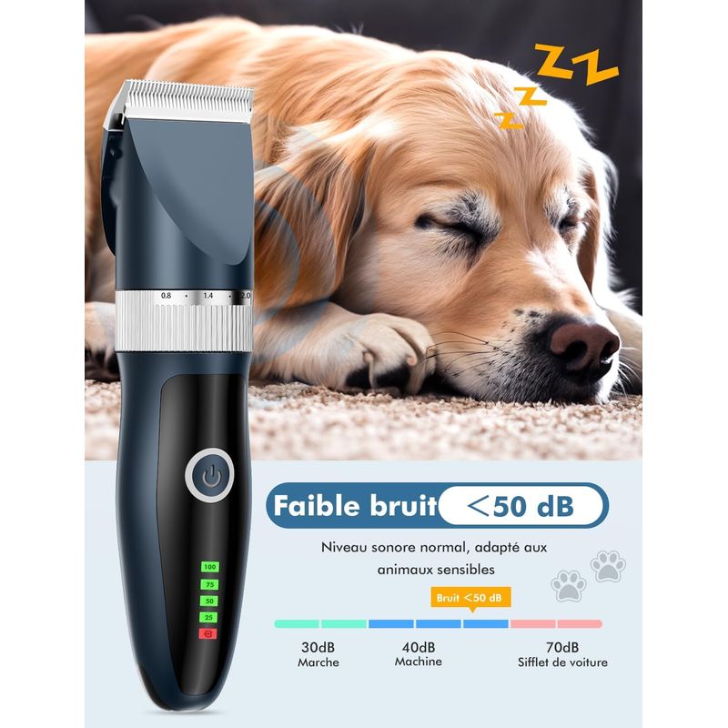 Tondeuse Pro Chien/Chat Silencieuse - Poils Longs, IPX7 Étanche