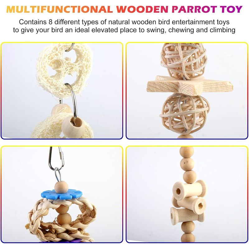 LovuPet Lot de 8 jouets à mâcher pour oiseaux, en bois naturel