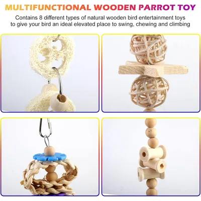 LovuPet Lot de 8 jouets à mâcher pour oiseaux, en bois naturel