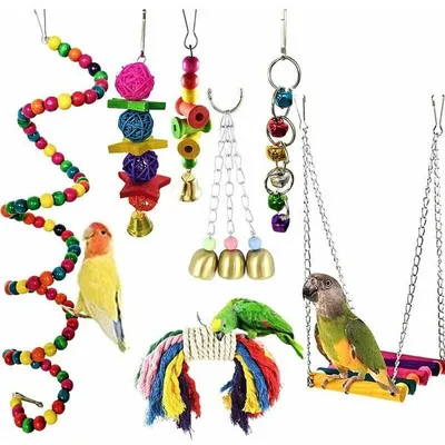 Lot de 7 Jouets à Mâcher en Bois Naturel pour Perroquet