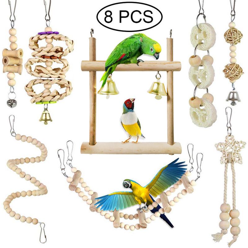 LovuPet Lot de 8 jouets à mâcher pour oiseaux, en bois naturel