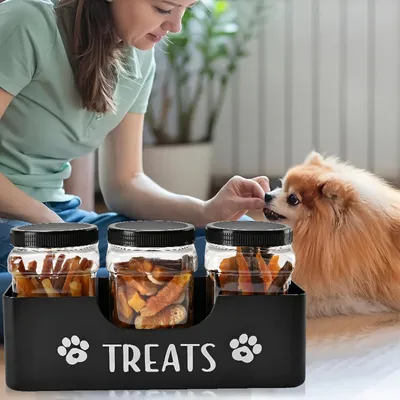 Support de stockage de nourriture pour chien avec 3 pots à friandises
