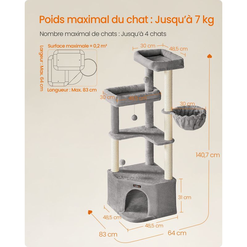 Arbre à Chat 48,5 x 48,5 x 140,7 cm avec Niche Grandes Plateformes