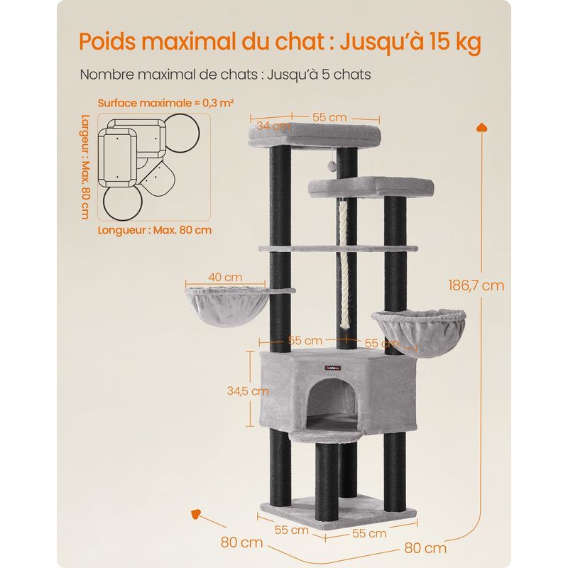 Arbre à Chat Tour de Jeux à Plusieurs Niveaux XXL 55 x 55 x 186,7 cm