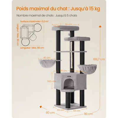 Arbre à Chat Tour de Jeux à Plusieurs Niveaux XXL 55 x 55 x 186,7 cm