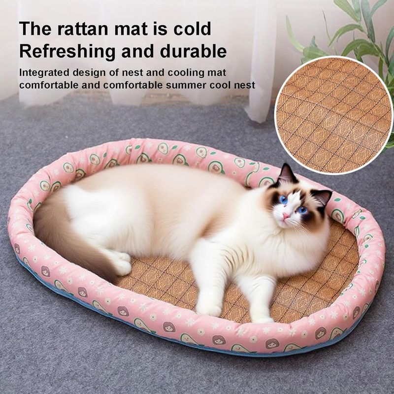 Pawzy Panier en osier pour chat - Natte rafraîchissante été (90x55cm)