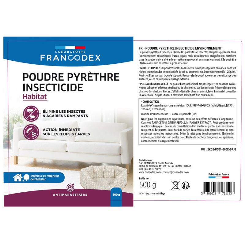 Francodex - Poudre insecticide pyrèthre Habitat 500g