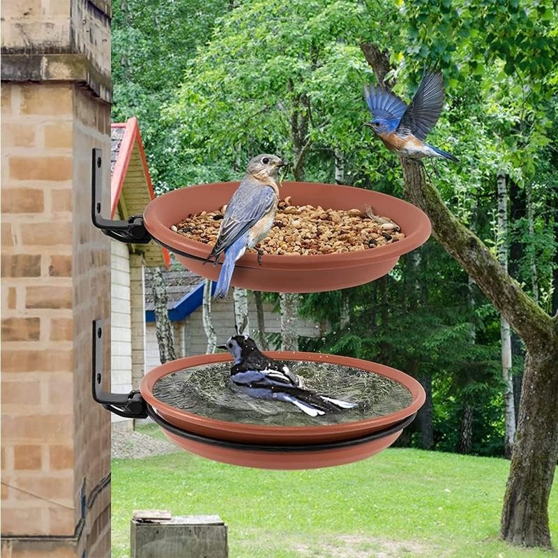 ZooVenture 2 Pcs Abreuvoir Mangeoire Bain Oiseaux Brun Pour Extérieur