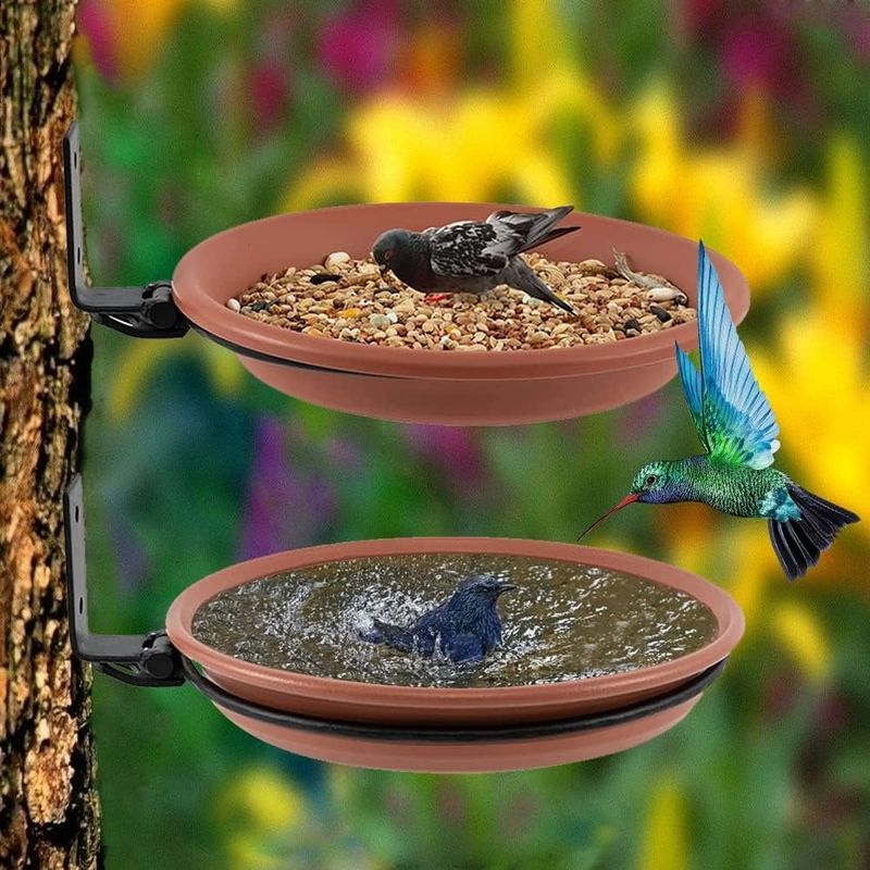 ZooVenture 2 Pcs Abreuvoir Mangeoire Bain Oiseaux Brun Pour Extérieur