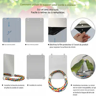 Rocky Jouet miroir pour oiseaux avec perchoir en corde