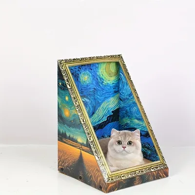 Maison pour chat avec griffoir et peinture à l'huile recto verso