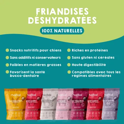 Boîte de 7 friandises naturelles + huile de saumon pour chiens Boîte de 7 friandises naturelles + huile de saumon pour chiens