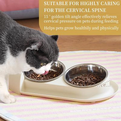 PetTribes Gamelle chat inclinée 15° - Anti-fuite - Acier inox - Blanc