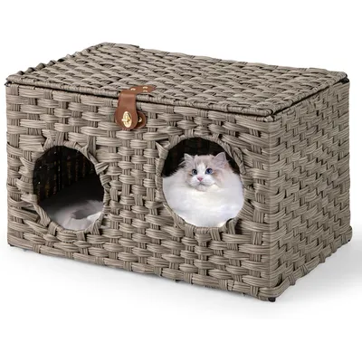 GIANTEX Zusammenklappbares Katzenhaus Aus Rattan Mit Weichem Kissen