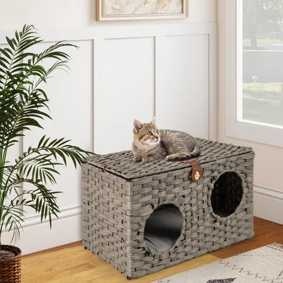 GIANTEX Zusammenklappbares Katzenhaus Aus Rattan Mit Weichem Kissen GIANTEX Zusammenklappbares Katzenhaus Aus Rattan Mit Weichem Kissen