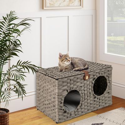 GIANTEX Niche Chat Pliable en Rotin avec Coussin Doux