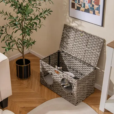 GIANTEX Niche Chat Pliable en Rotin avec Coussin Doux