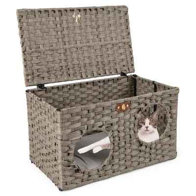 GIANTEX Zusammenklappbares Katzenhaus Aus Rattan Mit Weichem Kissen GIANTEX Zusammenklappbares Katzenhaus Aus Rattan Mit Weichem Kissen