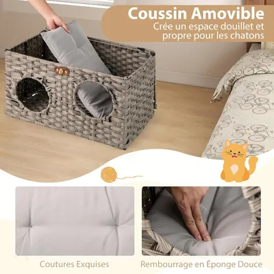 GIANTEX Niche Chat Pliable en Rotin avec Coussin Doux