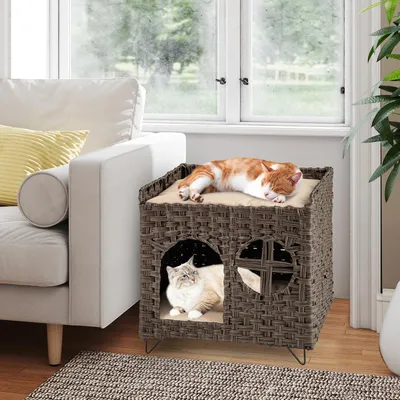 GIANTEX Katzenhaus Aus Rattan Mit 2 Ebenen Und Versteckter Höhle GIANTEX Katzenhaus Aus Rattan Mit 2 Ebenen Und Versteckter Höhle