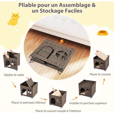 GIANTEX Niche Chat en Rotin à 2 Niveaux avec Grotte Cachée