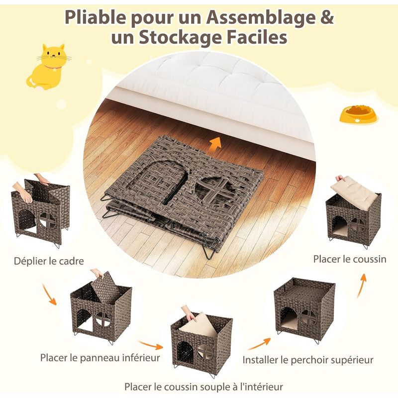 GIANTEX Niche Chat en Rotin à 2 Niveaux avec Grotte Cachée