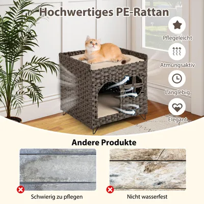 GIANTEX Katzenhaus Aus Rattan Mit 2 Ebenen Und Versteckter Höhle GIANTEX Katzenhaus Aus Rattan Mit 2 Ebenen Und Versteckter Höhle