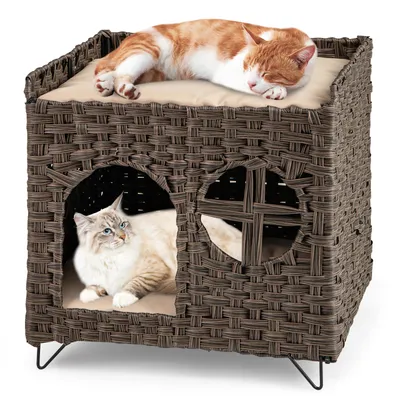 GIANTEX Katzenhaus Aus Rattan Mit 2 Ebenen Und Versteckter Höhle GIANTEX Katzenhaus Aus Rattan Mit 2 Ebenen Und Versteckter Höhle