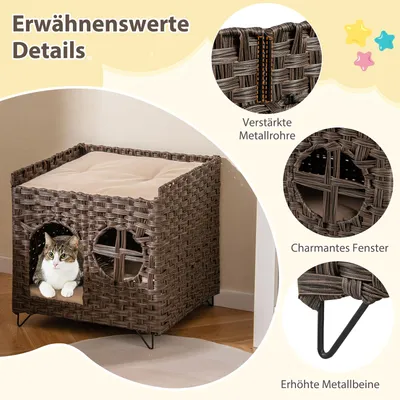 GIANTEX Katzenhaus Aus Rattan Mit 2 Ebenen Und Versteckter Höhle GIANTEX Katzenhaus Aus Rattan Mit 2 Ebenen Und Versteckter Höhle