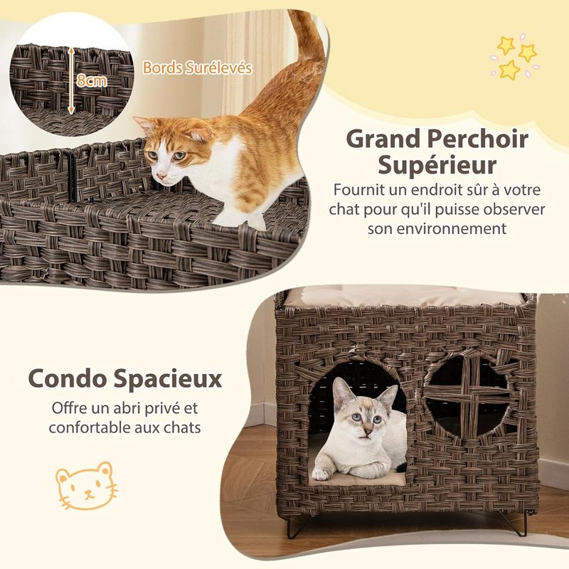GIANTEX Niche Chat en Rotin à 2 Niveaux avec Grotte Cachée