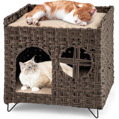 GIANTEX Niche Chat en Rotin à 2 Niveaux avec Grotte Cachée