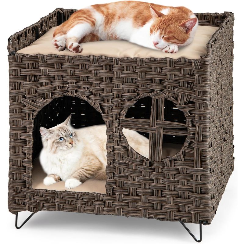 GIANTEX Niche Chat en Rotin à 2 Niveaux avec Grotte Cachée