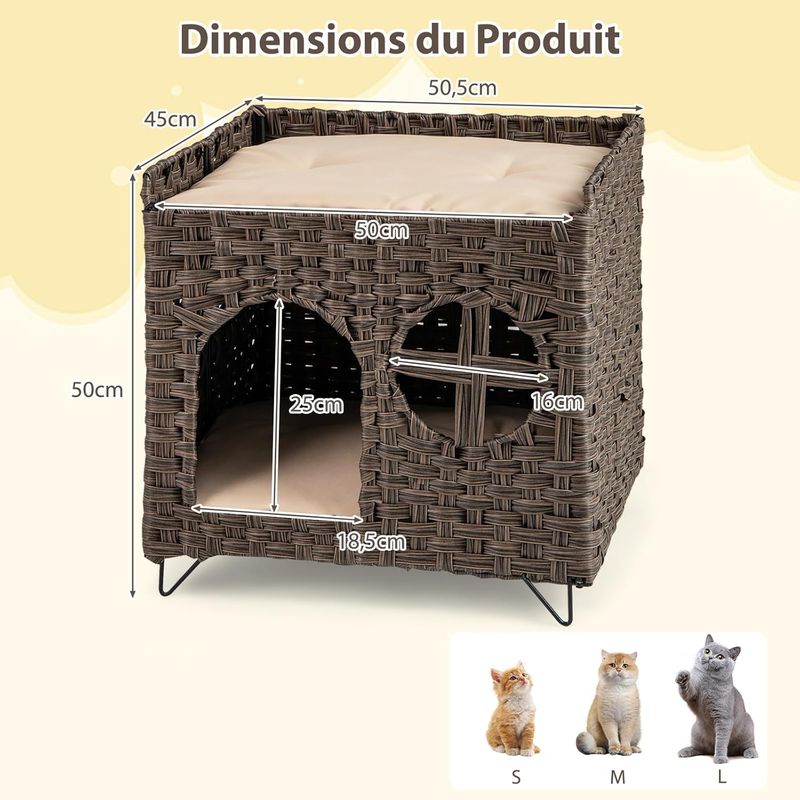 GIANTEX Niche Chat en Rotin à 2 Niveaux avec Grotte Cachée