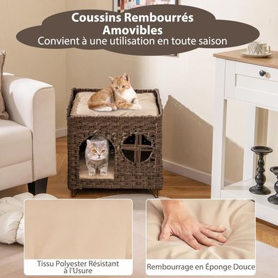 GIANTEX Niche Chat en Rotin à 2 Niveaux avec Grotte Cachée
