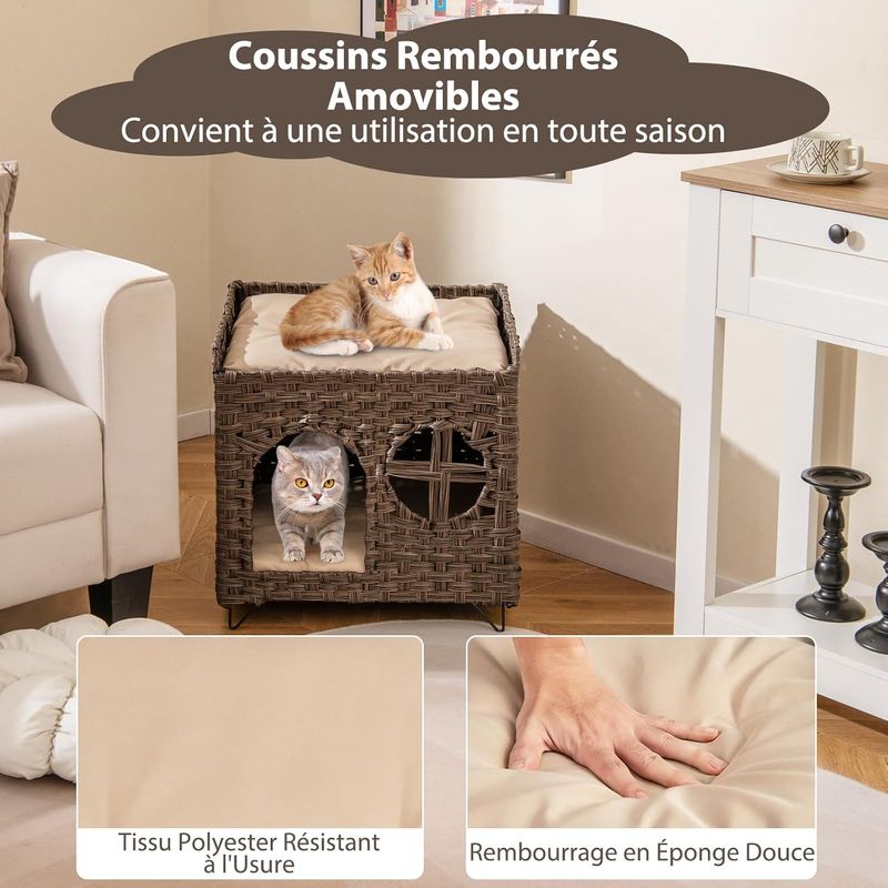 GIANTEX Niche Chat en Rotin à 2 Niveaux avec Grotte Cachée