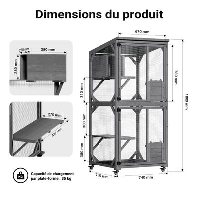 Wiltec Enclos extérieur pour chats – 74 x 78 x 180 cm – sur Roues – en Bois