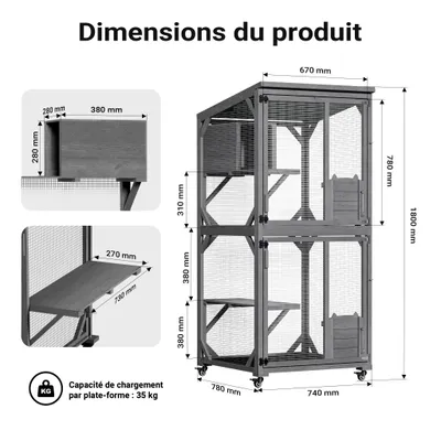 Wiltec Enclos extérieur pour chats – 74 x 78 x 180 cm – sur Roues – en Bois