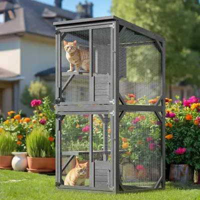 Wiltec Enclos extérieur pour chats – 74 x 78 x 180 cm – sur Roues – en Bois