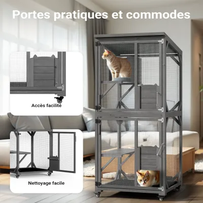 Wiltec Enclos extérieur pour chats – 74 x 78 x 180 cm – sur Roues – en Bois