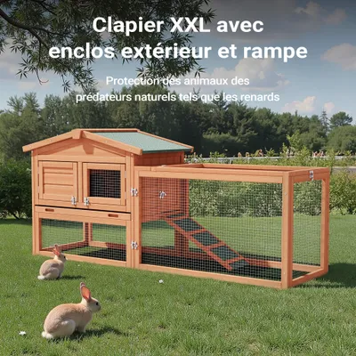 Wiltec Clapier XXL – 1560 x 520 x 680 mm – 2 étages – Toit bitumé – Bois sa