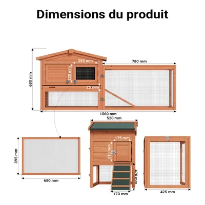 Wiltec Clapier XXL – 1560 x 520 x 680 mm – 2 étages – Toit bitumé – Bois sa