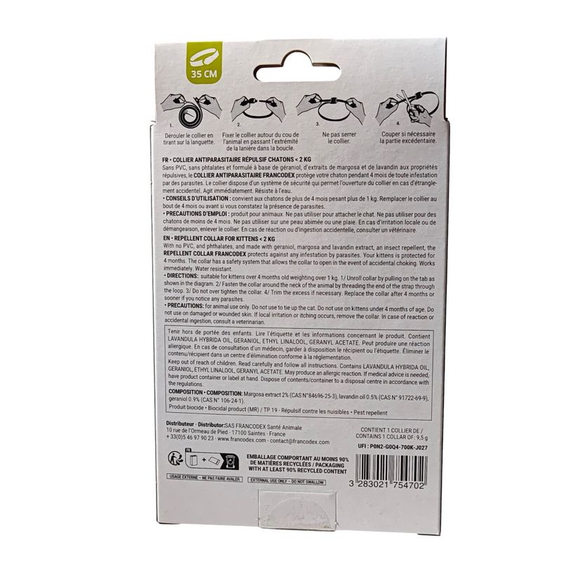Collier Antiparasitaire Répulsif 35 cm pour chaton moins de 2 kg