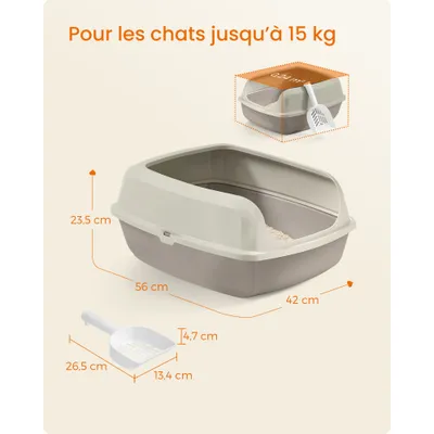 Feandrea Bac à Litière pour Chat, Parois Hautes, Ouvert sur le Dessus