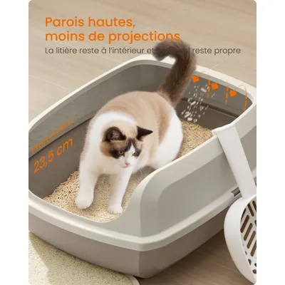 Feandrea Bac à Litière pour Chat, Parois Hautes, Ouvert sur le Dessus