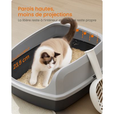 Feandrea Bac à Litière pour Chat, Parois Hautes, Ouvert sur le Dessus