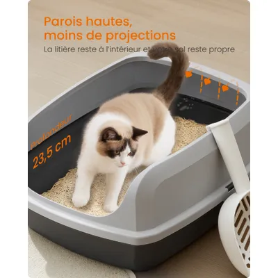 Feandrea Bac à Litière pour Chat, Parois Hautes, Ouvert sur le Dessus