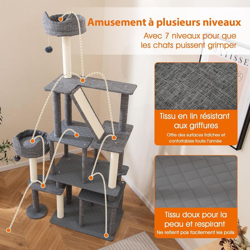 GIANTEX Arbre à Chats XXL 7 Niveaux avec Poteaux à Gratter